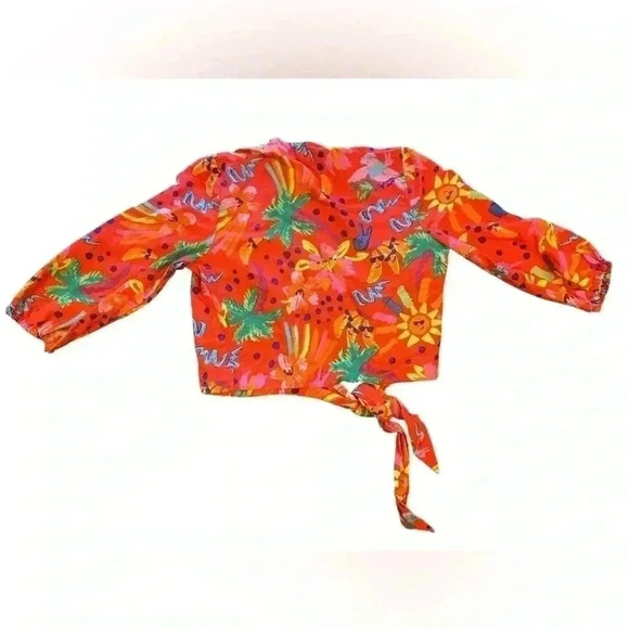 Maison d’Amelie Tropical Tie Front Linen Blend V-Neck 3/4 Sleeve Top Size Small - Picture 2 of 10